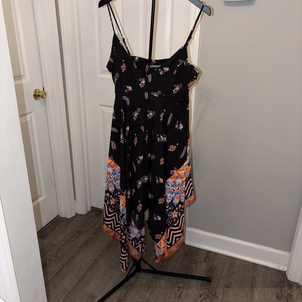 Express black orange floral handkerchief dress Med Boho Beach Vacay Sharkbite